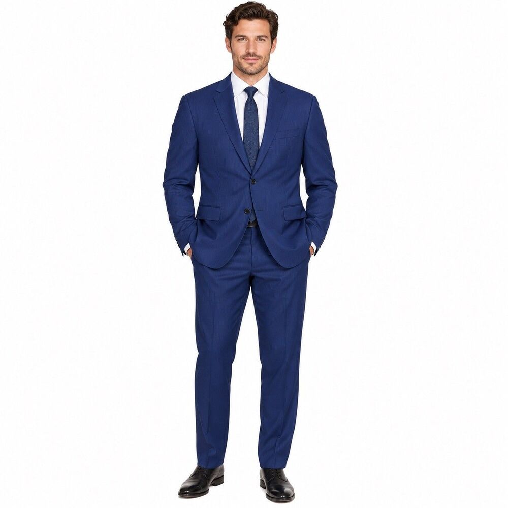 Hugo Boss 42L Long Blue Wool Stretch Suit 2 Piece Pinstripe Made in Turkey